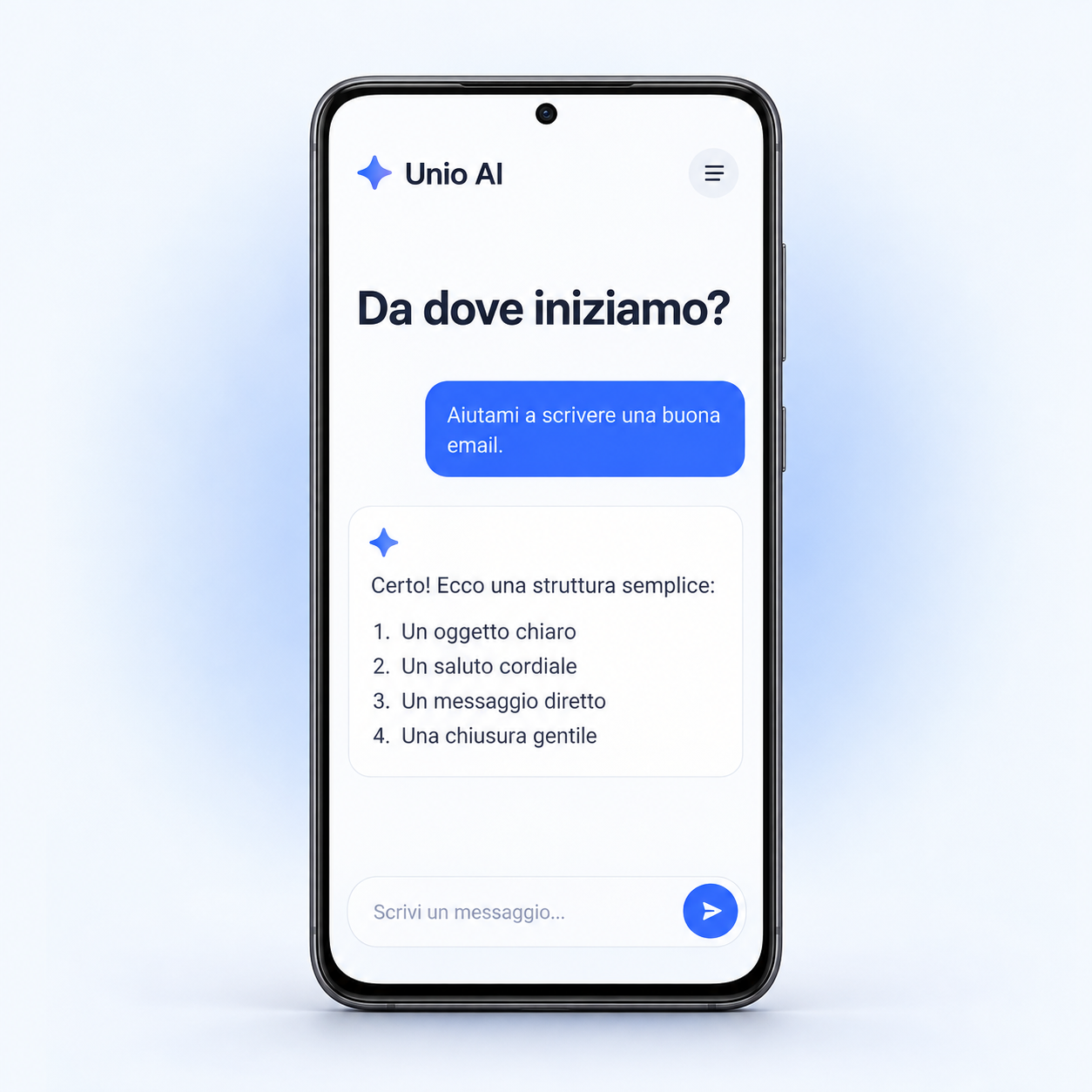 Anteprima dell'app Unio AI su uno smartphone Android